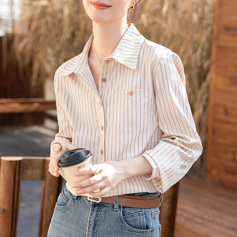여성용 루즈핏 스트라이프 셔츠 긴팔 가을 캐주얼 스타일 칼라 자켓 블라우스 데일리룩 활용도 높은 편안한 착용감 - 상세 이미지 5