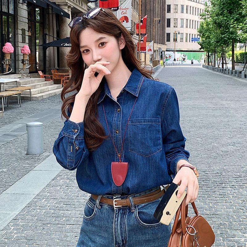 여성용 루즈핏 기모 데님 셔츠 레이어드 스타일 봄 가을 겨울 아우터 홍콩 레트로 감성 긴팔 캐주얼 청남방 데일리룩 코튼 소재 편안한 착용감 - 상세 이미지 5