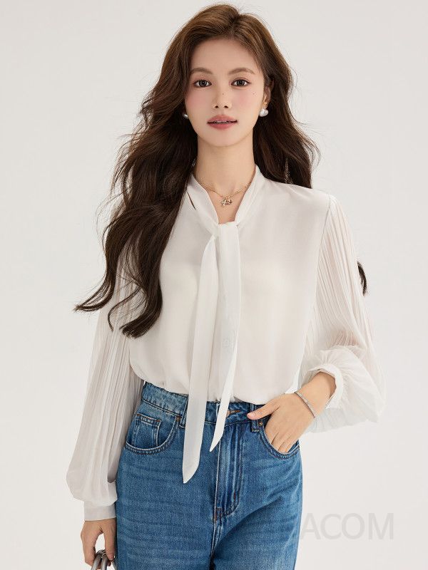 가을 여성용 쉬폰 리본타이블라우스 긴팔 아코디언 플리츠 디자인 스타일리시하고 우아한 통근용 랜턴 슬리브 탑 흰색 셔츠 - 상세 이미지 2