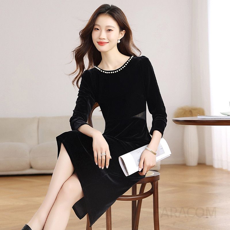 고급스러운 여성 벨벳 롱원피스 가을 겨울 연말 파티룩 슬림한 헵번 스타일 하객룩에도 어울리는 블랙 드레스 - 상세 이미지 3