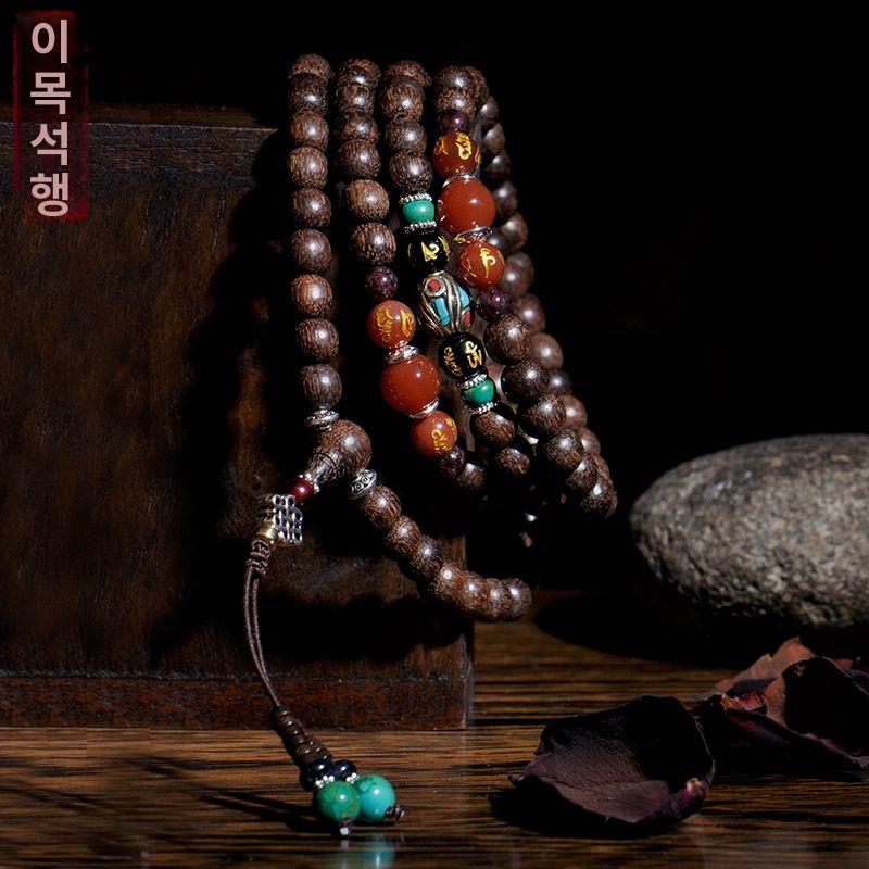 침향염주 팔찌 수제 천연석 원석 구슬 침향목 티베트풍 108염주 나무 홍마노 사용 석류석 6mm 108개 - 상세 이미지 2