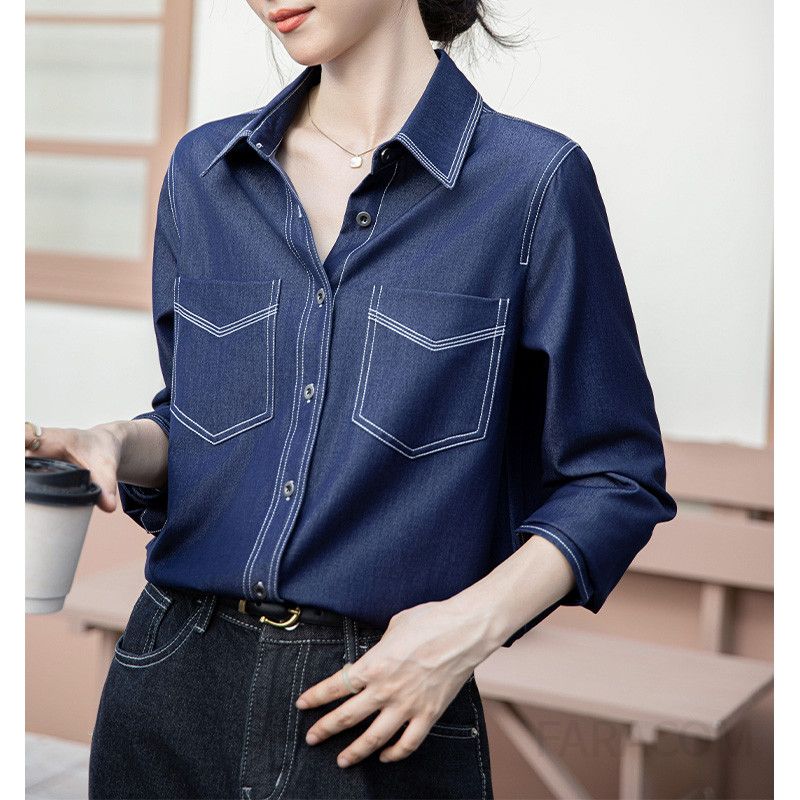 여성용 데님 셔츠 봄 가을 캐주얼 레이어드 스타일 긴팔 청남방 루즈핏 편안한 착용감 홍콩 레트로 패션 - 상세 이미지 2