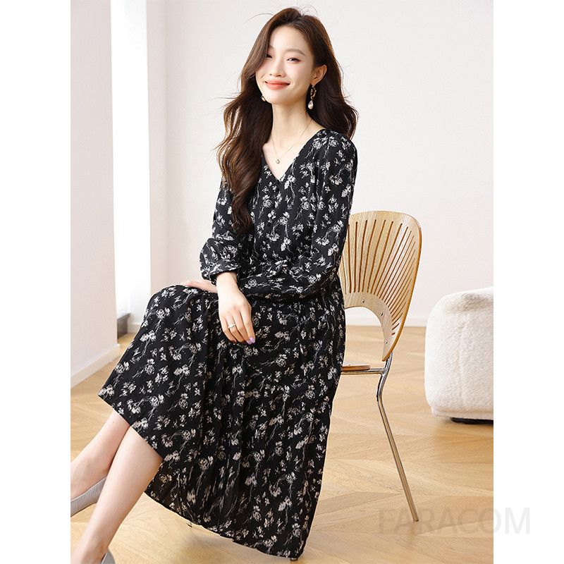 가을 블랙 플로럴 롱원피스 프랑스 스타일 우아한 쉬폰 드레스 허리 날씬하게 연출 가능한 여성용 A라인 스커트 - 상세 이미지 3