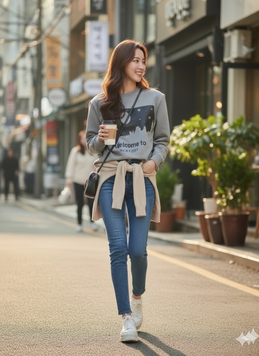 버블벳 뉴욕 나이트투어 프린팅 데일리 오보핏 맨투맨 카키 - 상세 이미지 3