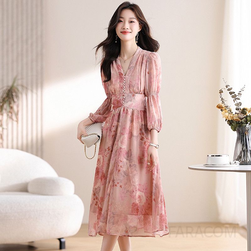 플라워 쉬폰 원피스 여성 봄용 우아한 스타일 슬림한 허리라인과 긴팔 디자인으로 여성스러움 강조 데일리룩나들이룩으로 적합 - 상세 이미지 2