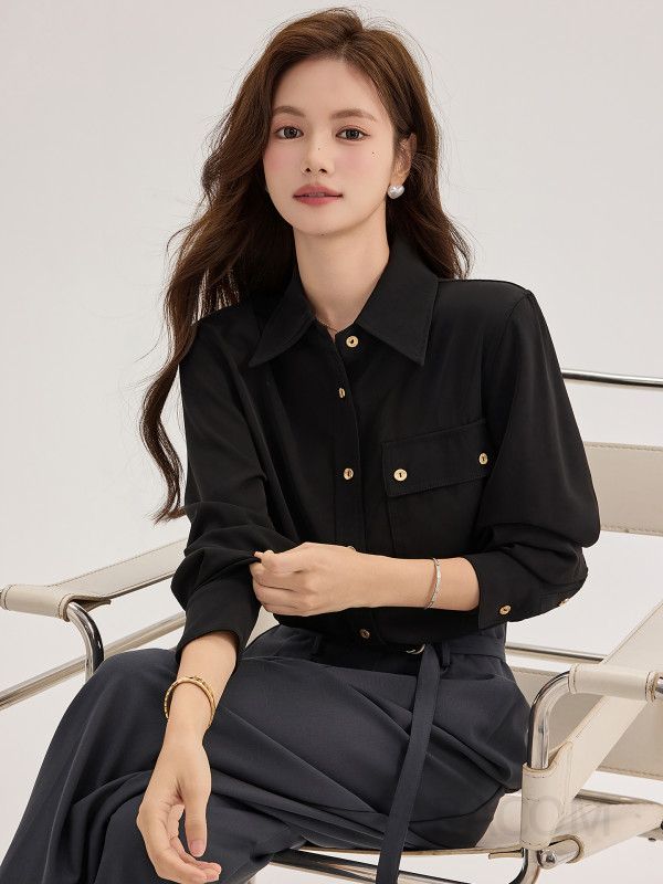고급스러운 여성 가을 긴팔 셔츠 골드 버튼 포인트로 출퇴근에 적합한 캐주얼 스타일 새틴 소재로 편안한 착용감 제공 - 상세 이미지 3