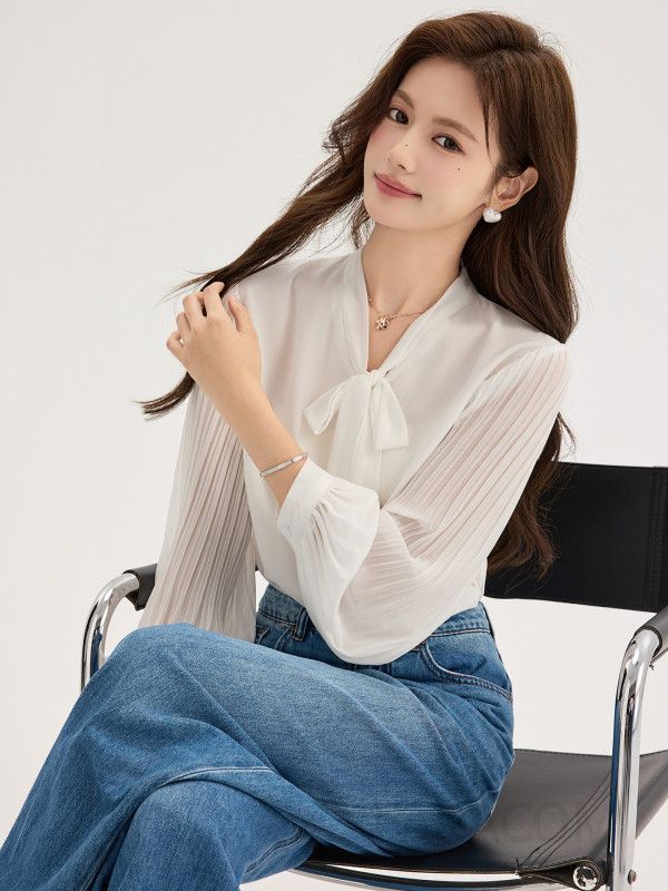 가을 여성용 쉬폰 리본타이블라우스 긴팔 아코디언 플리츠 디자인 스타일리시하고 우아한 통근용 랜턴 슬리브 탑 흰색 셔츠 - 상세 이미지 4