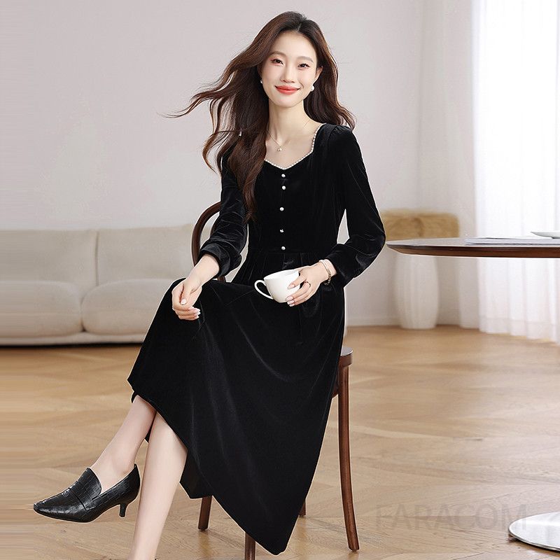 가을 여성 긴팔 벨벳 롱 원피스 슬림한 핏과 우아한 스타일의 블랙 드레스 데일리룩 및 하객룩으로 완벽한 선택 - 상세 이미지 2