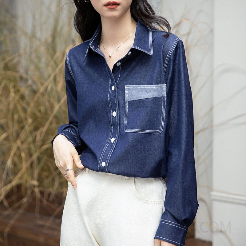 여성 데님 셔츠 루즈핏 봄가을 레이어드 스타일 캐주얼 롱슬리브 청셔츠 레트로 무드의 니치 디자인으로 멋스러운 외출용 - 상세 이미지 2