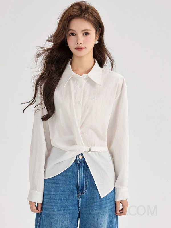 가을 여성용 플리츠 긴팔 흰색 블라우스 편안한 루즈핏 스타일 통근용 캐주얼 셔츠 데일리로 활용 가능한 고급스러운 디자인 - 상품 이미지