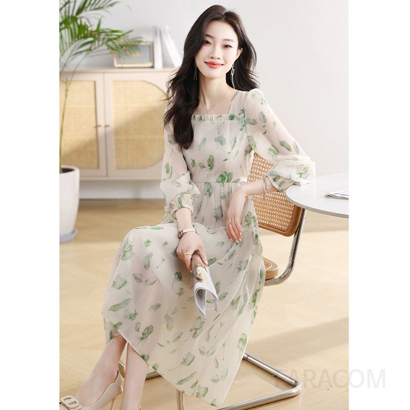 봄 플라워롱원피스 여성용 쉬폰소재로 가볍고 우아한 스타일 하객룩으로도 적합한 슬림핏 퍼프 슬리브 디자인 - 상세 이미지 3