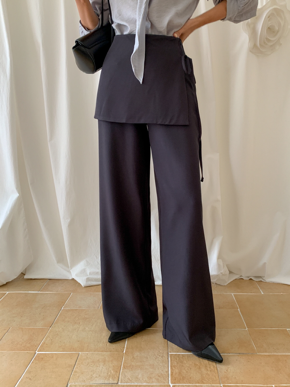 랩치마바지 랩슬랙스 하이웨스트 와이드 레이어드 슬랙스 팬츠 - 상세 이미지 3