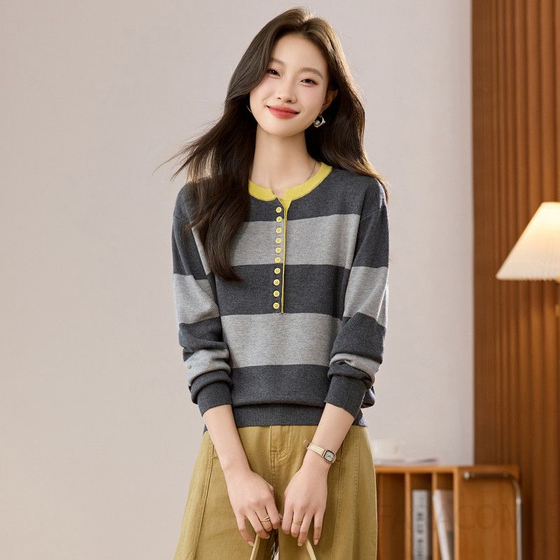 가을 겨울 여성용 스트라이프 라운드넥 긴팔 스웨터 니트 레트로 스타일 캐주얼 웨어 코튼 소재 편안한 착용감 데일리룩 연출 가능 - 상품 이미지