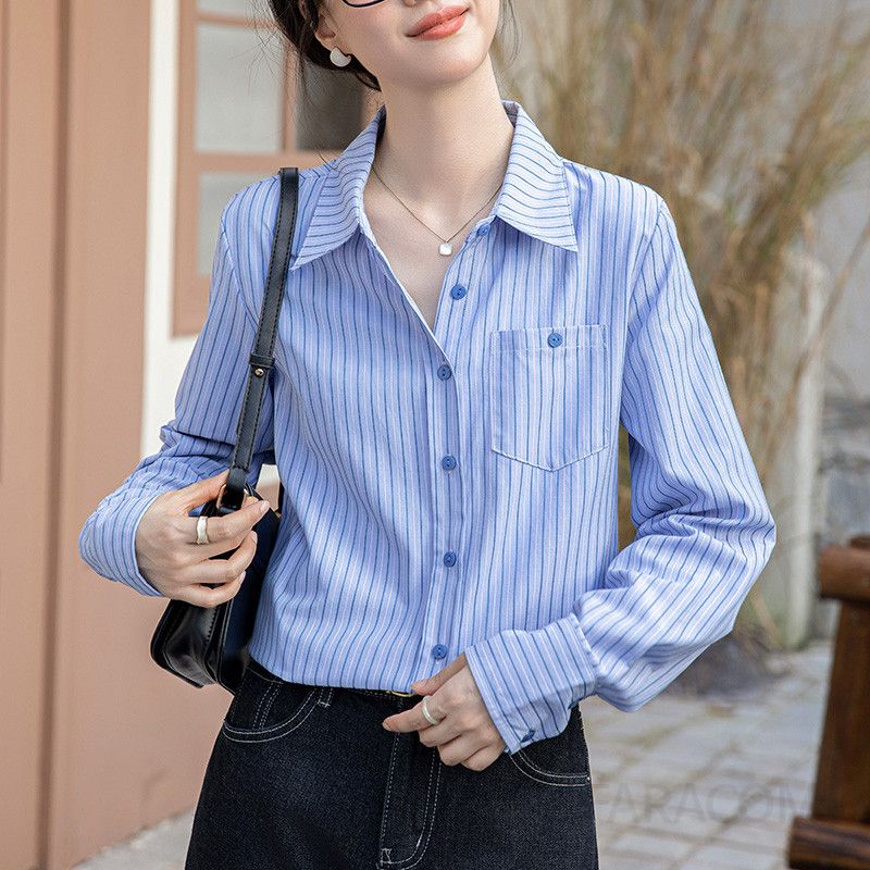 여성용 루즈핏 스트라이프 셔츠 긴팔 가을 캐주얼 스타일 칼라 자켓 블라우스 데일리룩 활용도 높은 편안한 착용감 - 상세 이미지 3
