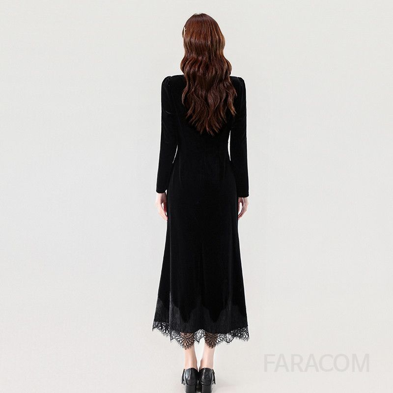 가을 여성 슬림핏 벨벳 드레스 긴팔 우아한 레이스 디테일 A라인 원피스 데일리룩 하객룩 적합한 스타일리시한 아이템 - 상세 이미지 5