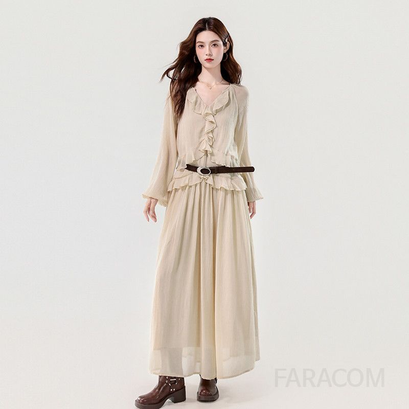 가을 여성 긴팔 롱원피스 헤비 러플 디자인 하이엔드 스타일 벨트 포함 데일리룩 및 하객룩으로 적합한 멋스러운 착용감 - 상품 이미지