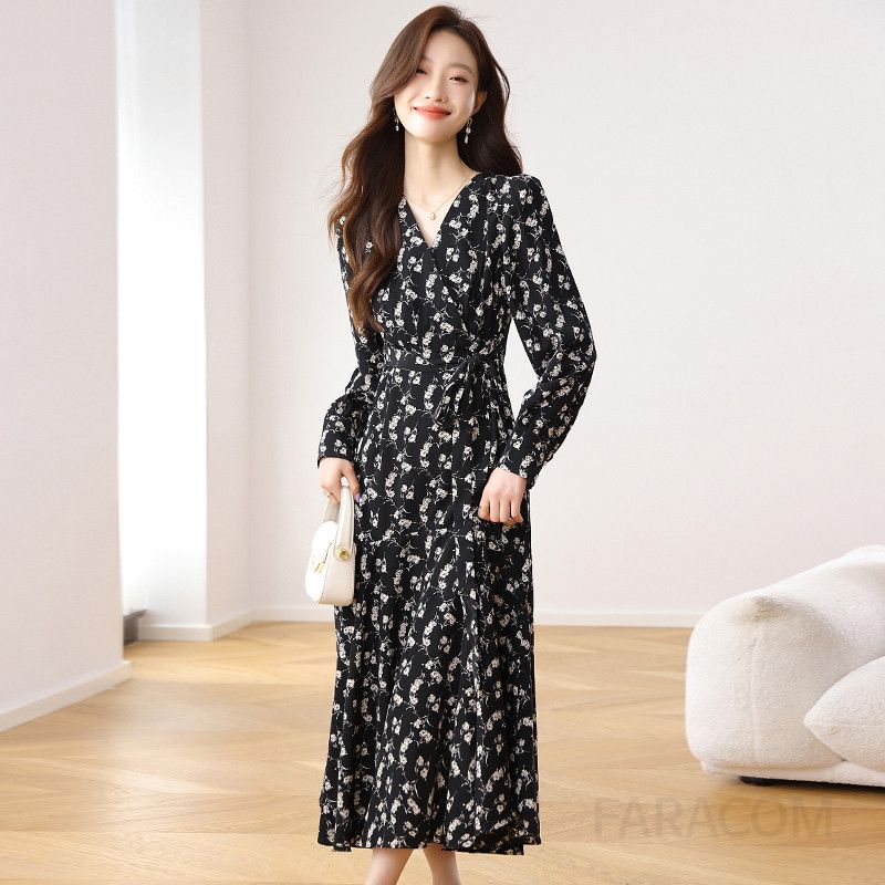 가을 여성용 플라워 프린트 긴팔 롱원피스 V넥 스타일 드레스 우아한 하객룩 데일리 웨어 발목까지 내려오는 날씬해 보이는 디자인 - 상세 이미지 2