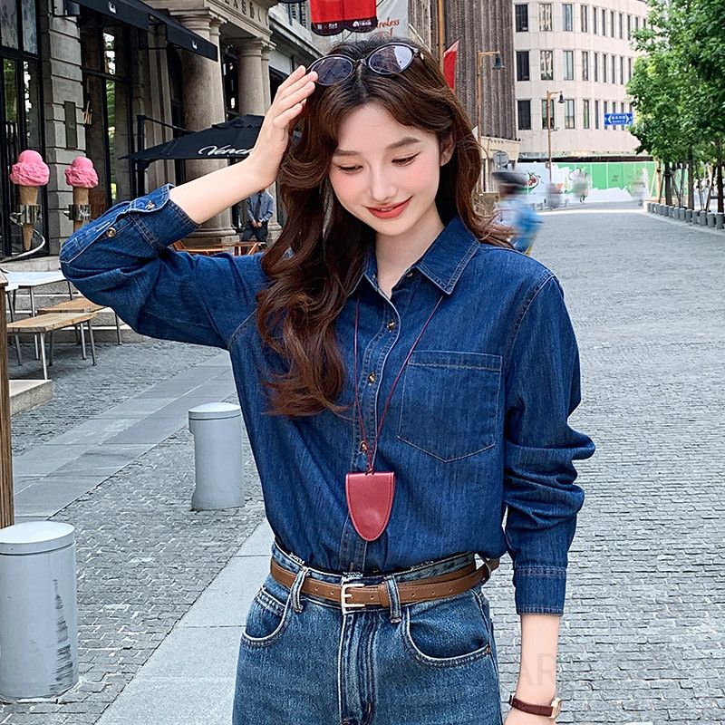 여성용 루즈핏 기모 데님 셔츠 레이어드 스타일 봄 가을 겨울 아우터 홍콩 레트로 감성 긴팔 캐주얼 청남방 데일리룩 코튼 소재 편안한 착용감 - 상세 이미지 4