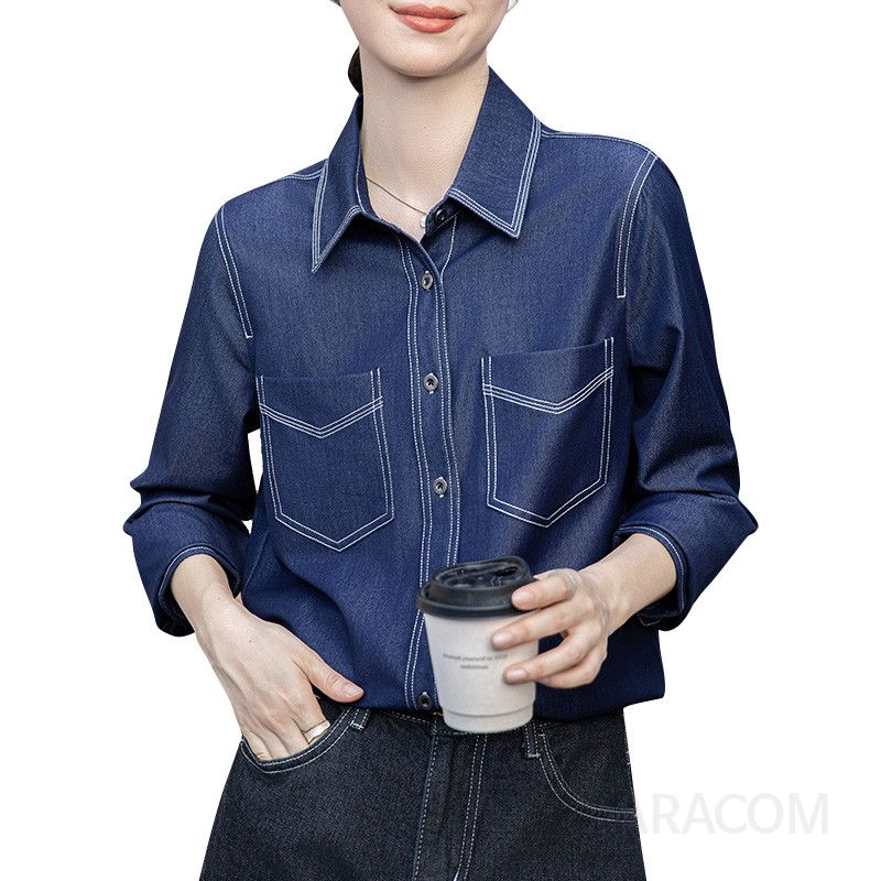 여성용 데님 셔츠 봄 가을 캐주얼 레이어드 스타일 긴팔 청남방 루즈핏 편안한 착용감 홍콩 레트로 패션 - 상세 이미지 5