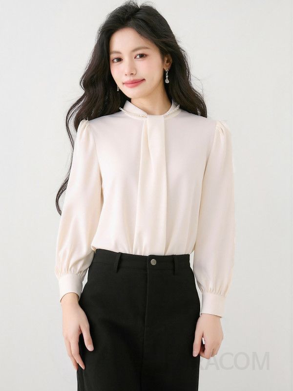 여성 코튼 긴팔 셔츠 가을 데일리룩 올매치 캐주얼 스타일 출퇴근용 편안한 착용감의 살구색 패션 긴팔남방 - 상세 이미지 3