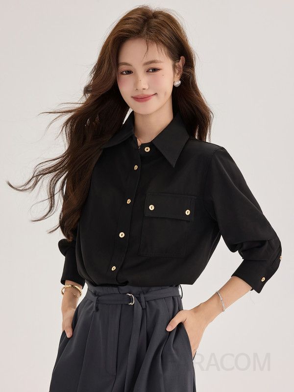 고급스러운 여성 가을 긴팔 셔츠 골드 버튼 포인트로 출퇴근에 적합한 캐주얼 스타일 새틴 소재로 편안한 착용감 제공 - 상세 이미지 2