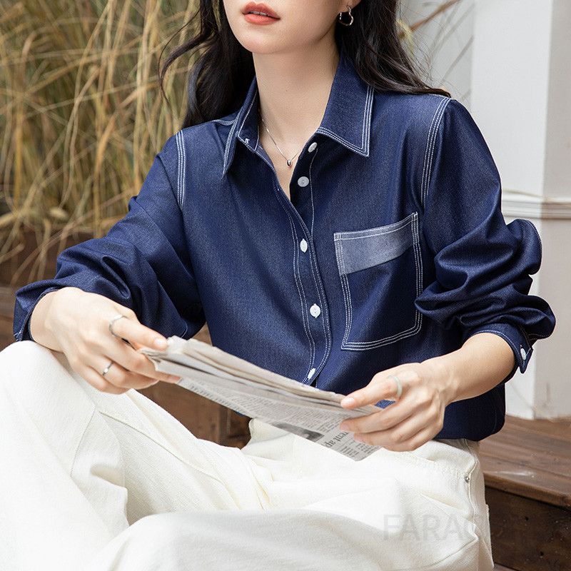 여성 데님 셔츠 루즈핏 봄가을 레이어드 스타일 캐주얼 롱슬리브 청셔츠 레트로 무드의 니치 디자인으로 멋스러운 외출용 - 상품 이미지