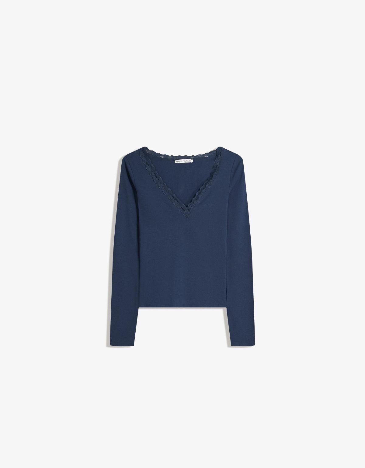 버쉬카 레이스 디테일 네이비 긴팔 티셔츠 7803/443 NAVY - 상세 이미지 2