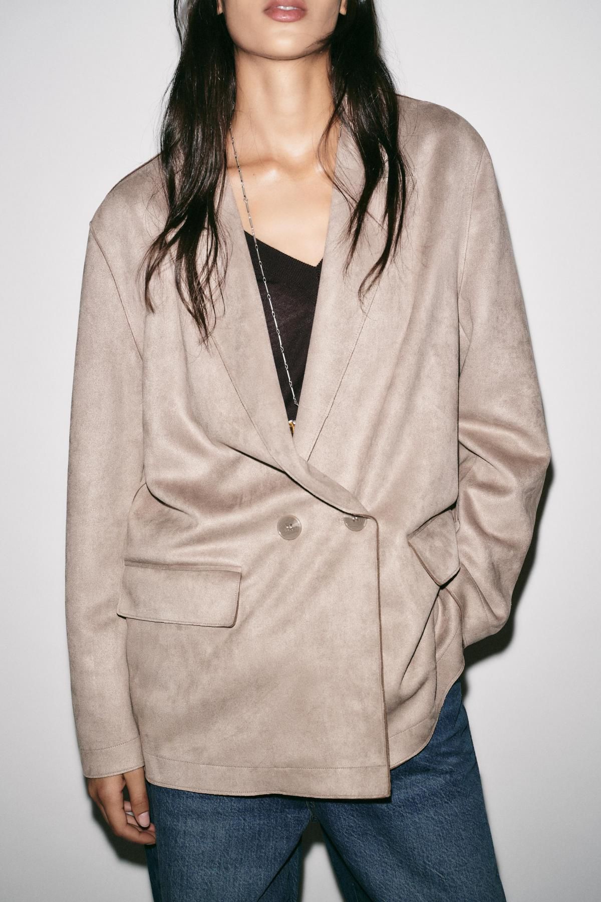 자라 테크니컬 페이크 스웨이드 더블버튼 테일러드 재킷 3046/271 BROWN / TAUPE - 상세 이미지 3