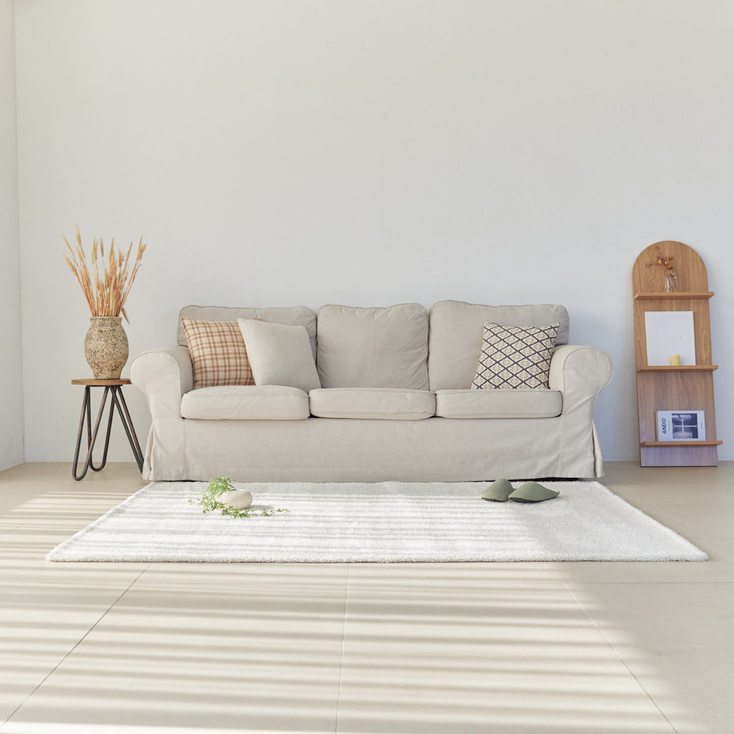 먼지없는 워셔블 장모 온감 러그 대형 거실 침실 원룸 실루엣 크림, 원형 200