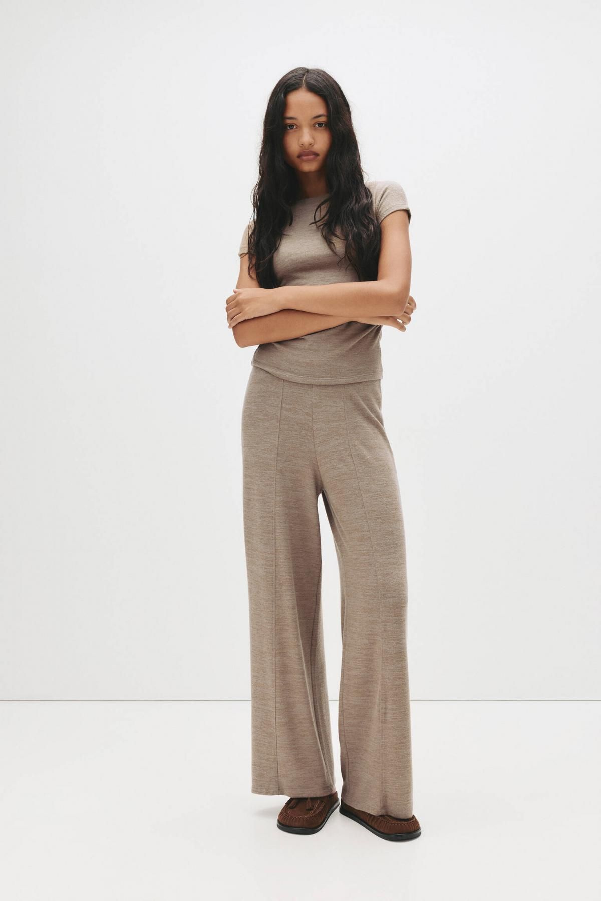 풀앤베어 소프트 밴딩 하이웨스트 와이드 팬츠 7674/366 BROWN - 상세 이미지 3