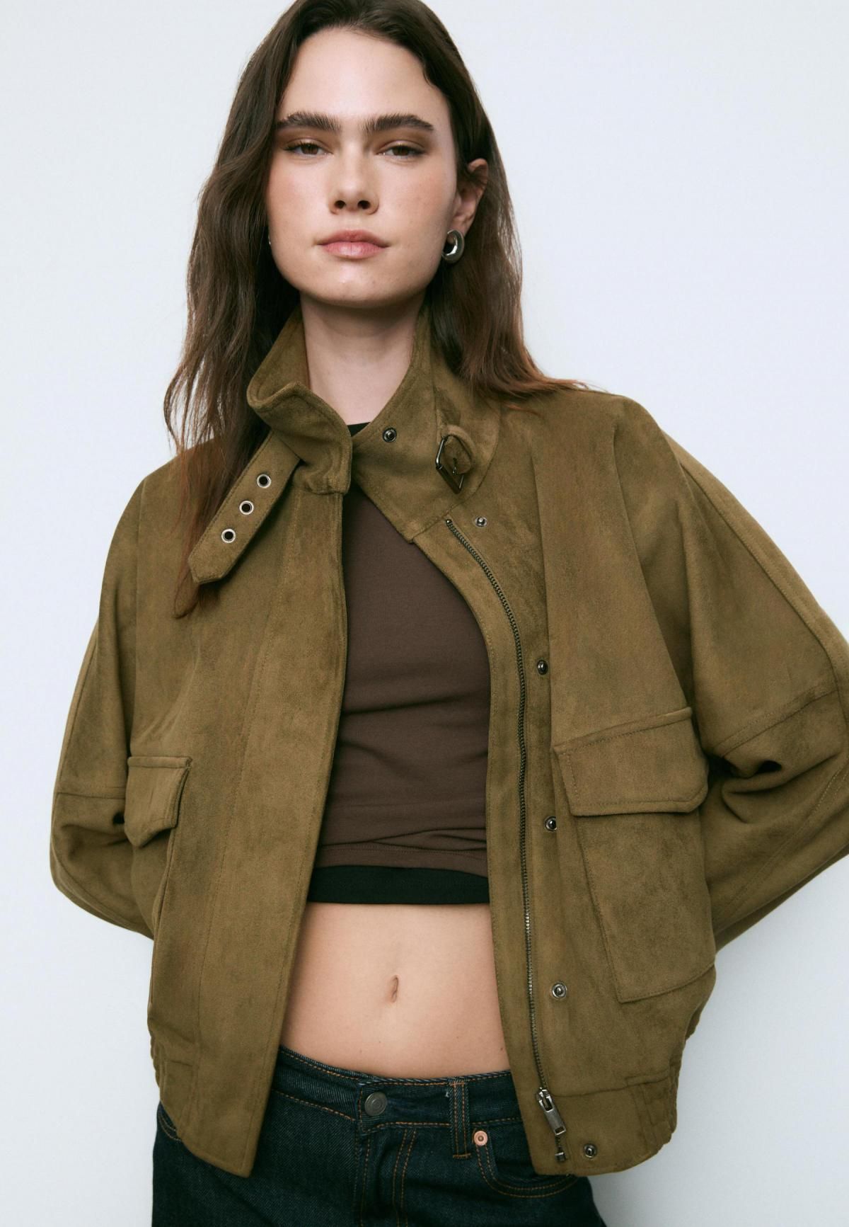 스트라디바리우스 오버핏 페이크 스웨이드 하이넥 재킷 5622/341 OLIVE GREEN - 상세 이미지 4