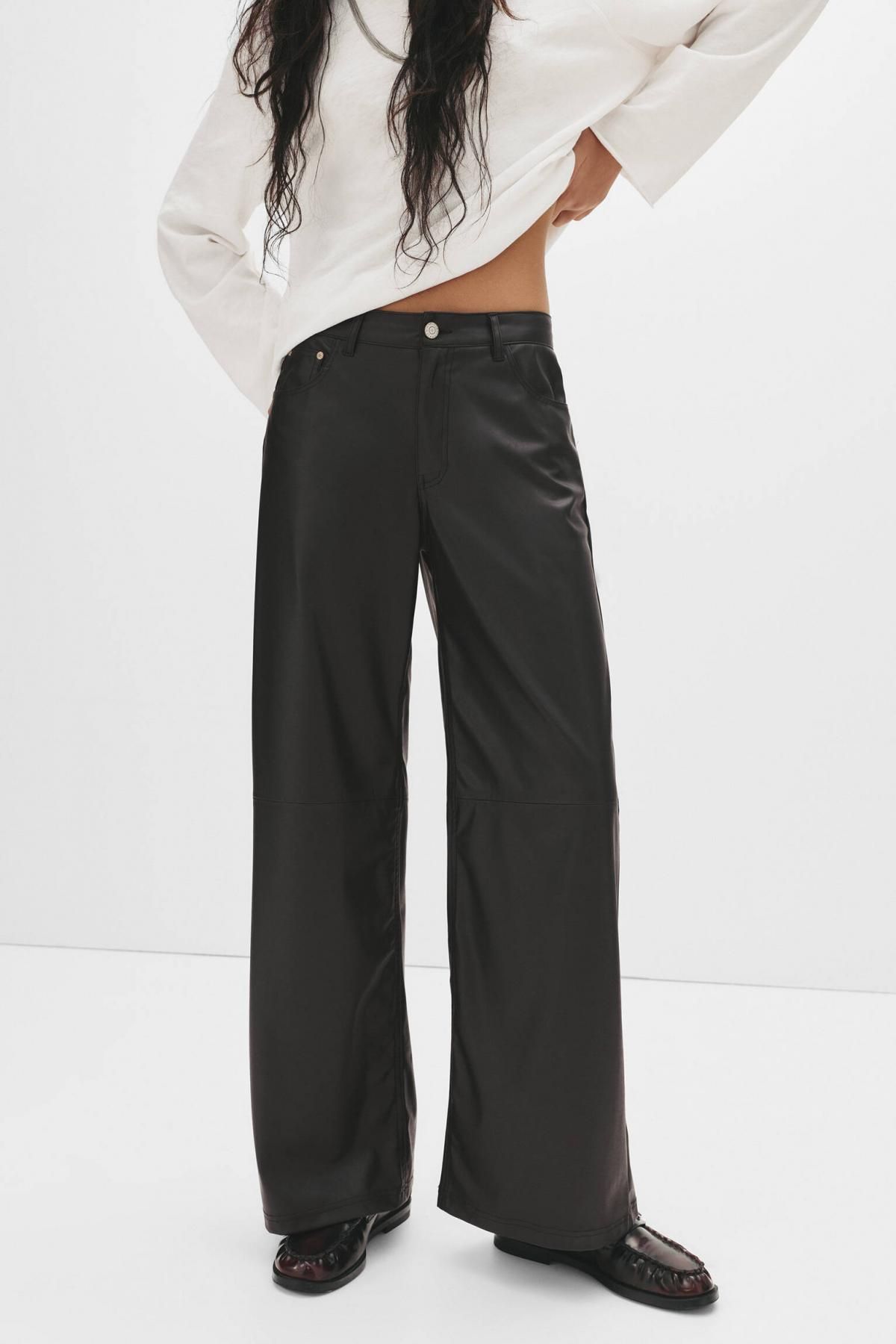 풀앤베어 오버사이즈 레더 와이드 팬츠 7675/379 BLACK - 상품 이미지