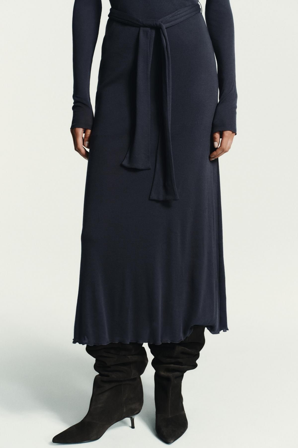 자라 코튼 하이넥 레이어드 벨트 롱 원피스 0085/838 CHARCOAL GREY - 상세 이미지 3