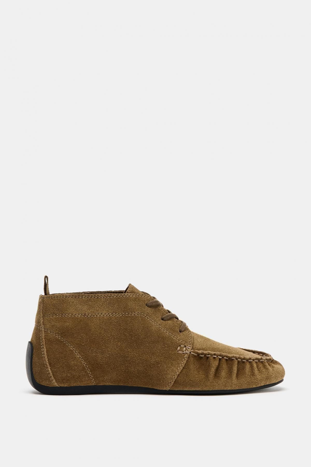 자라 모던 셔링 스웨이드 플랫 앵클부츠 1525/610 OLIVE GREEN - 메인 이미지