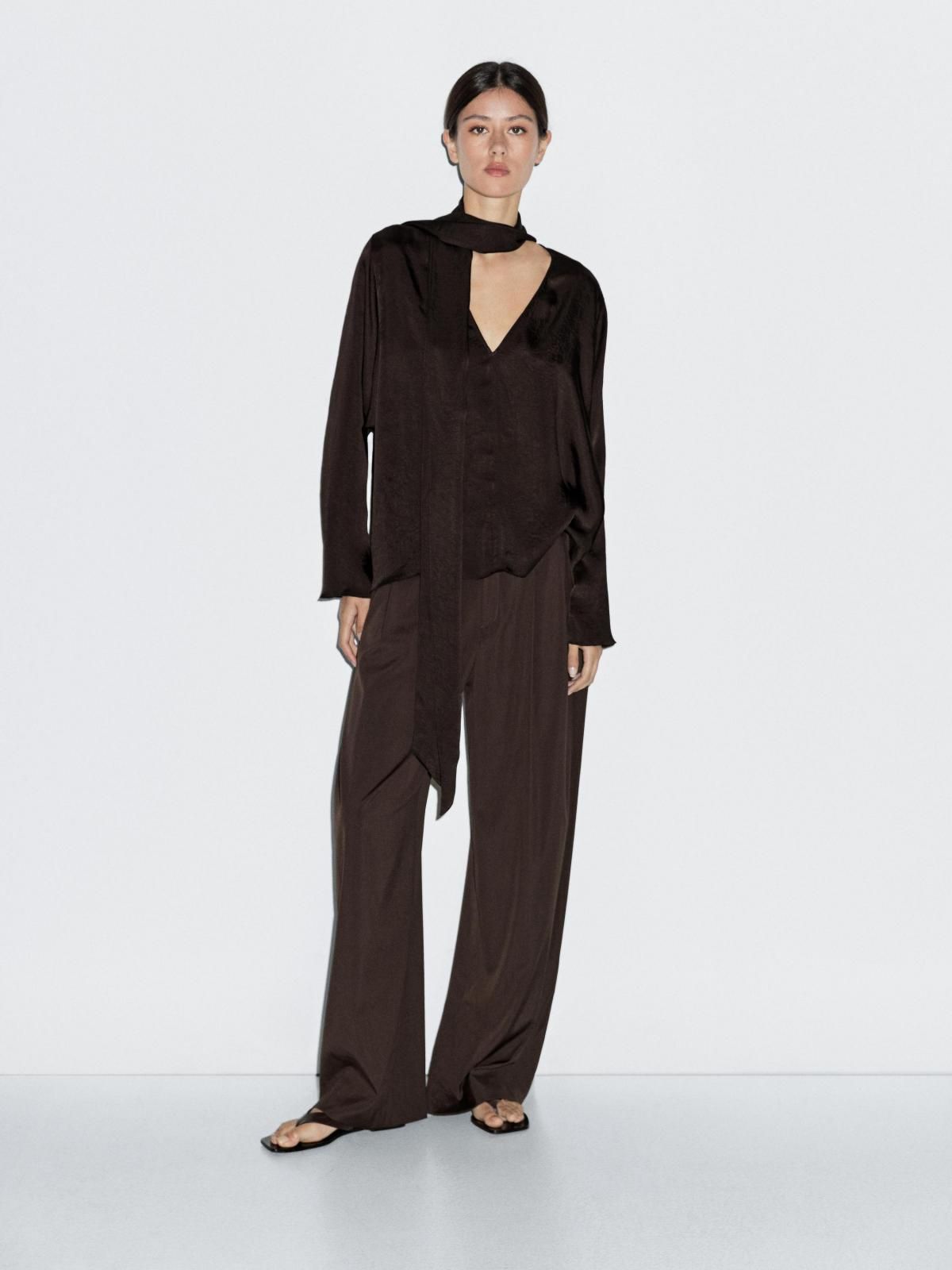마시모두띠 테크니컬 새틴 타이넥 브이넥 블라우스 5131/691 BROWN - 상세 이미지 2