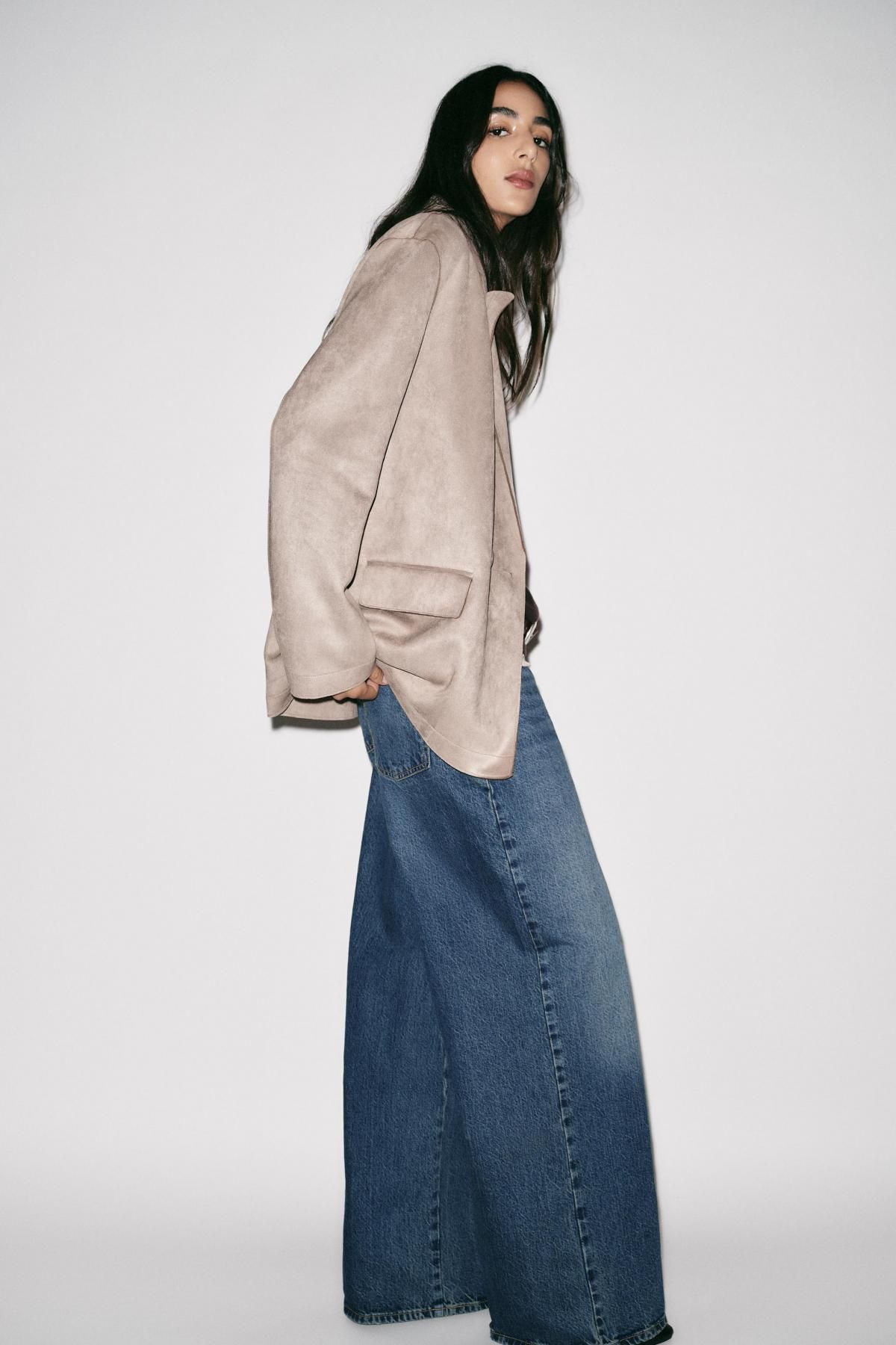 자라 테크니컬 페이크 스웨이드 더블버튼 테일러드 재킷 3046/271 BROWN / TAUPE - 상세 이미지 4