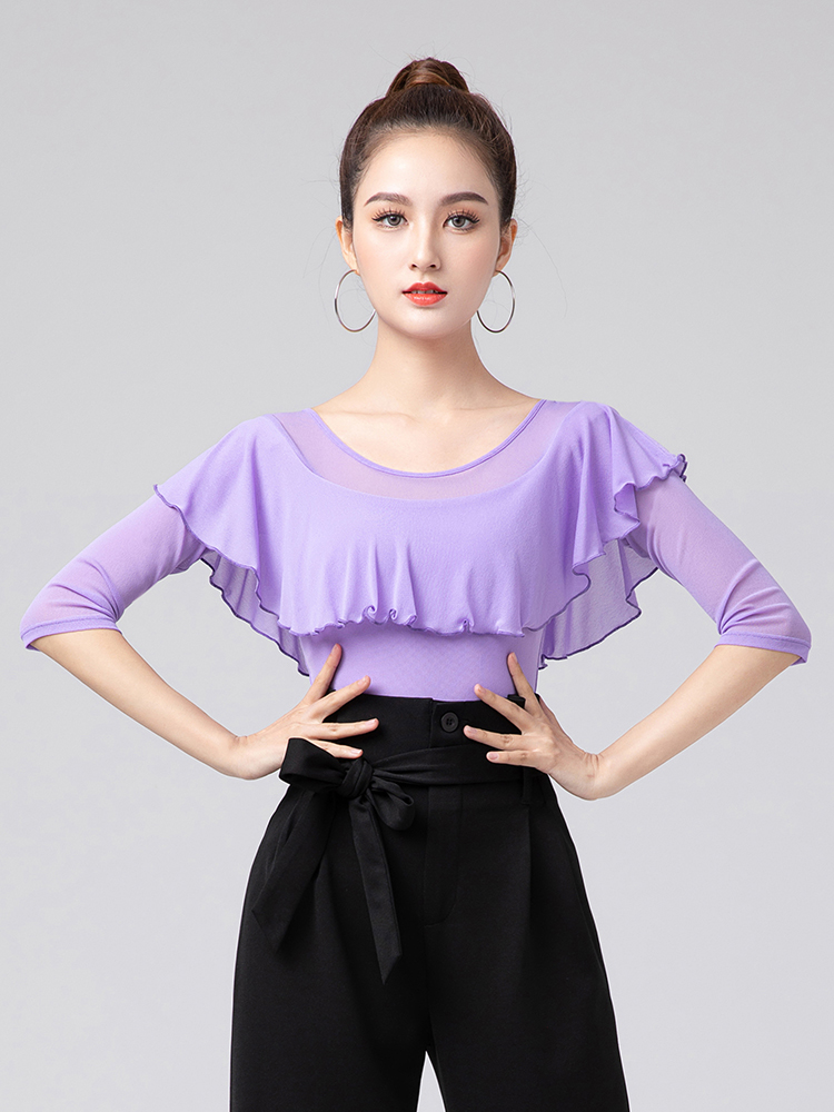 라인 프릴 여성 댄스상의 줌바 라틴댄스복 스포츠 블랙 롱슬리브 L - 상세 이미지 5