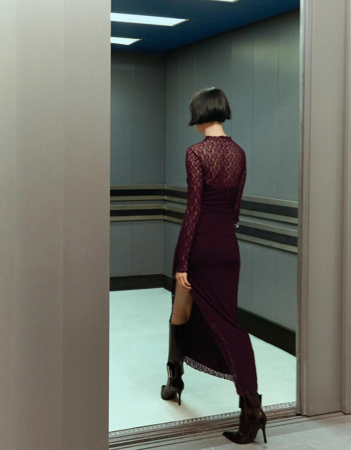 버쉬카 버건디 레이스 롱슬리브 미디 원피스 5596/714 BURGUNDY - 상세 이미지 3