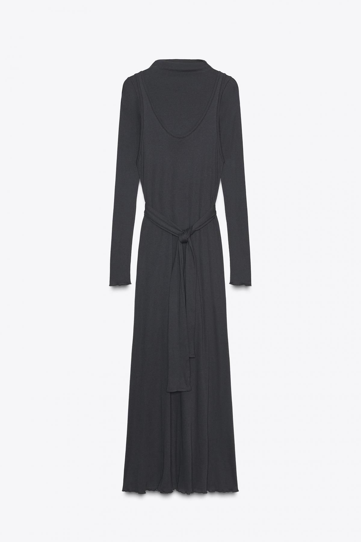 자라 코튼 하이넥 레이어드 벨트 롱 원피스 0085/838 CHARCOAL GREY - 메인 이미지