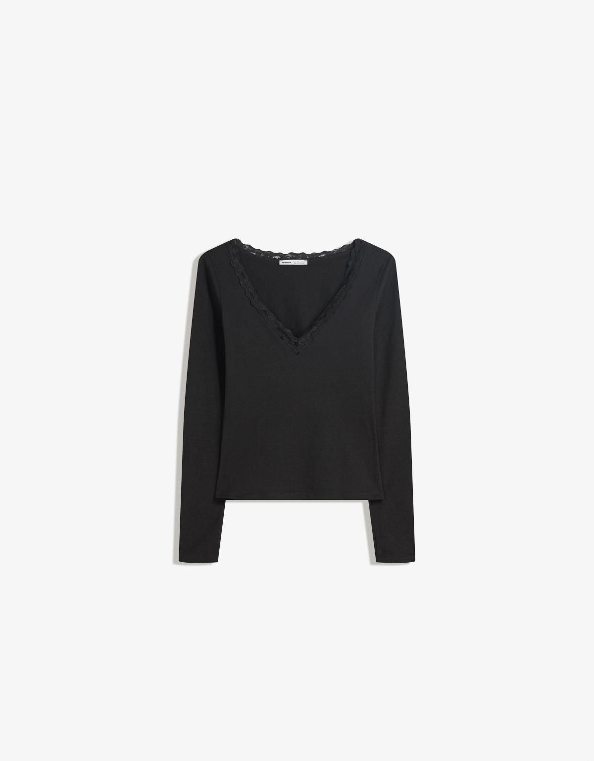 버쉬카 레이스 브이넥 긴팔 티셔츠 7803/443 BLACK - 상품 이미지