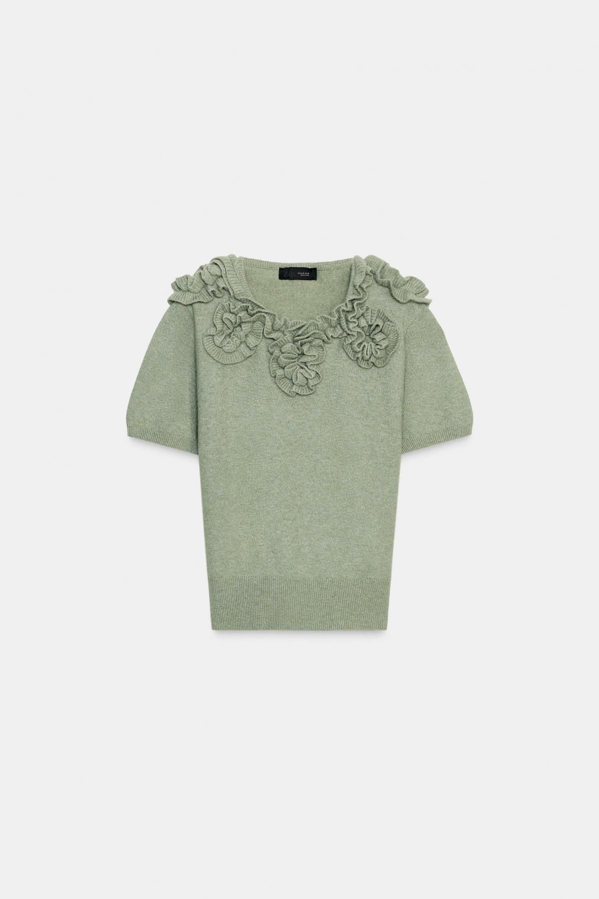 자라 플로럴 텍스처 라운드넥 반팔 니트 스웨터 9874/107 MOSS GREEN - 상품 이미지