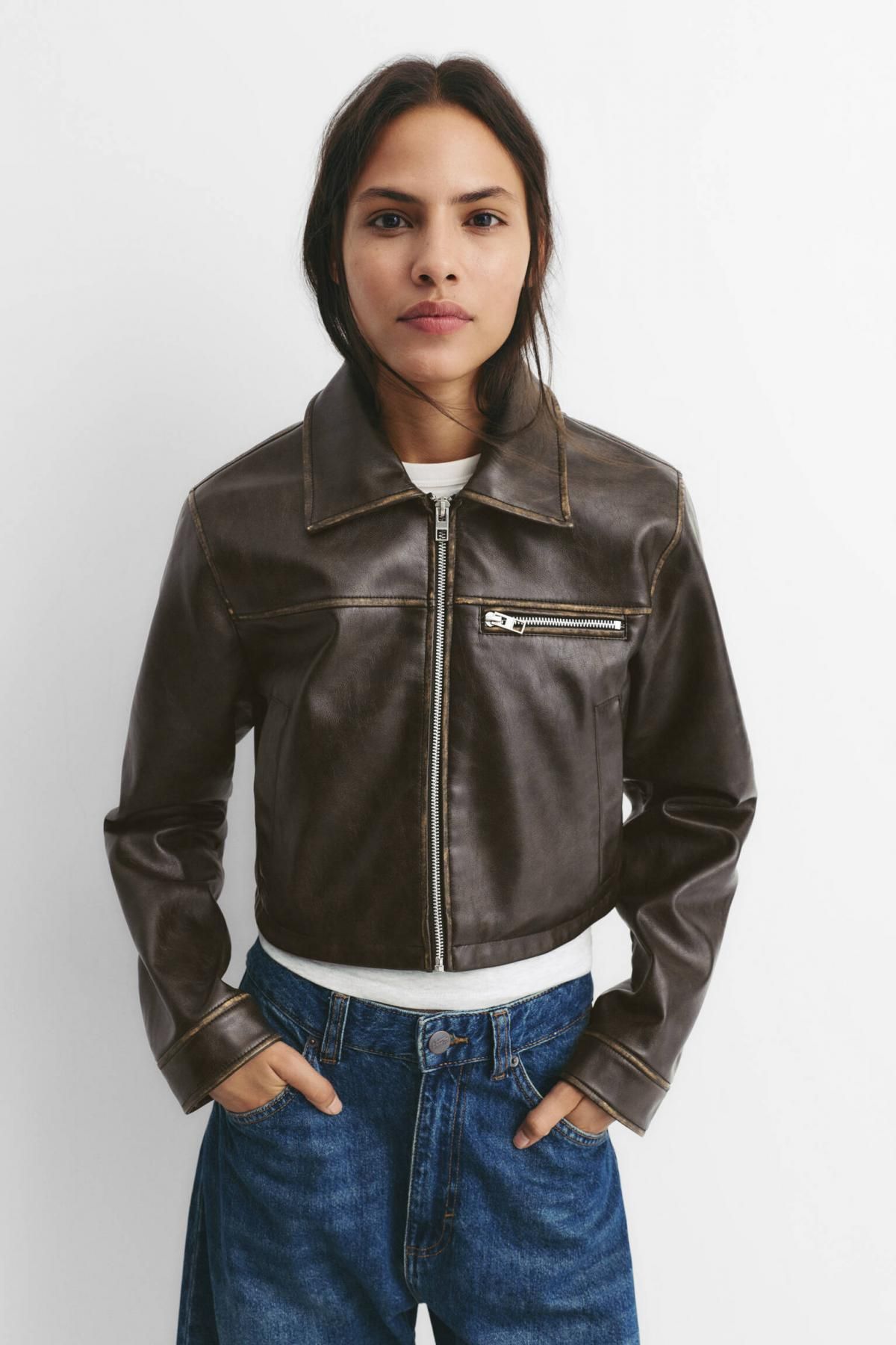 풀앤베어 크롭 페이크 레더 테크니컬 재킷 7700/375 BROWN - 상세 이미지 3