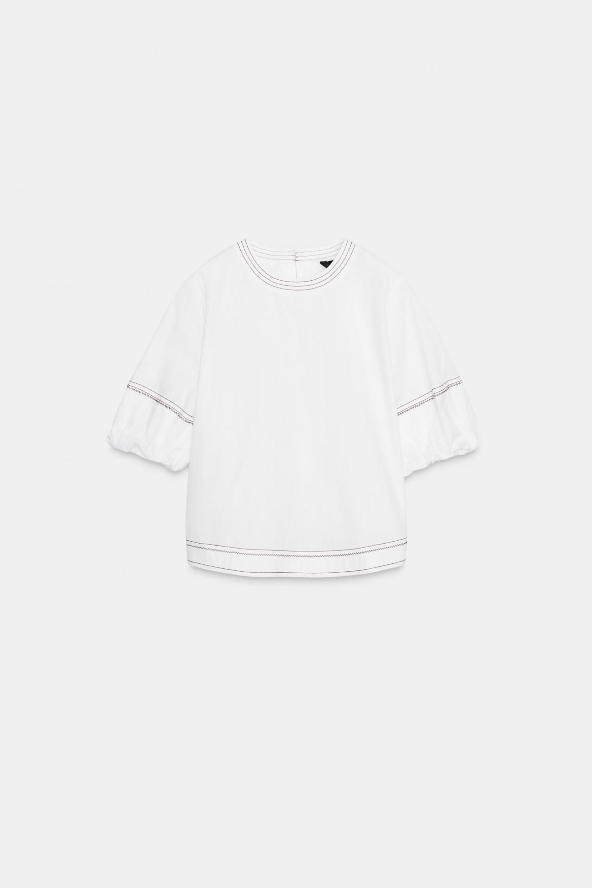 자라 퍼프 슬리브 라운드넥 스티치 블라우스 9131/340 WHITE - 메인 이미지