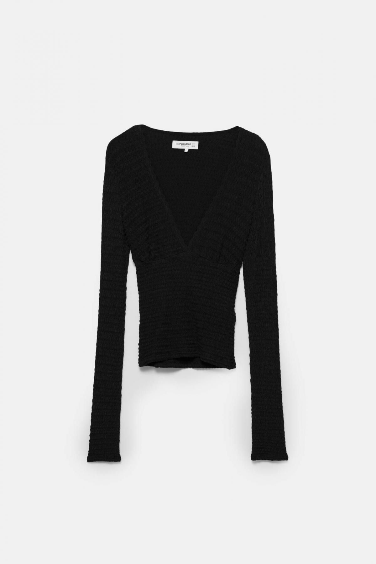 풀앤베어 크레이프 브이넥 크롭 긴팔 탑 7151/360 BLACK - 메인 이미지