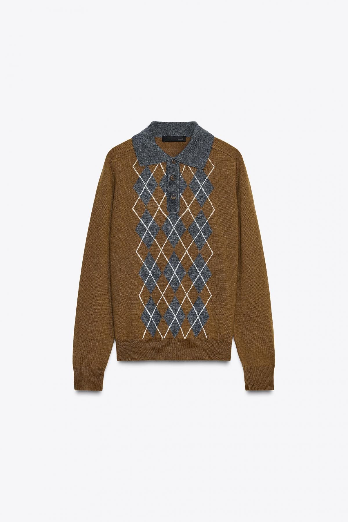 자라 아가일 다이아몬드 니트 폴로 스웨터 2142/223 LIGHT BROWN - 상품 이미지