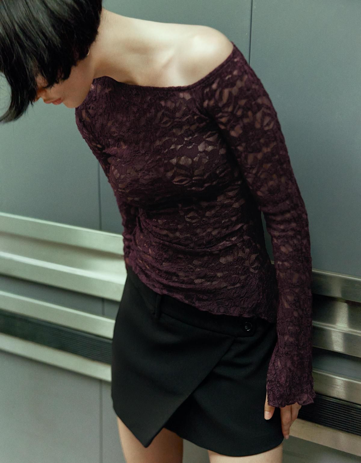 버쉬카 버건디 시스루 레이스 긴팔 탑 7542/662 BURGUNDY - 상세 이미지 5