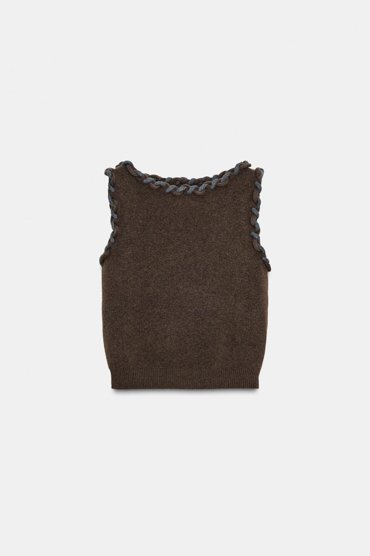 자라 트렌디 브라운 인터우븐 트림 니트 탑 9598/166 BROWN - 상품 이미지