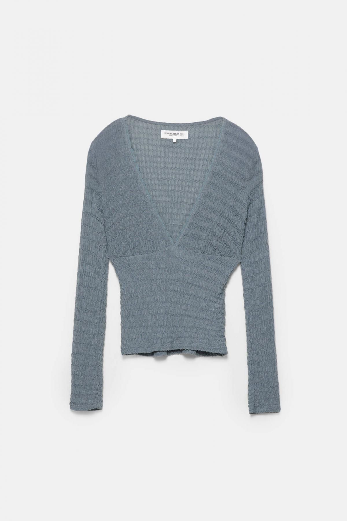 풀앤베어 테크니컬 크롭 브이넥 크레이프 긴팔 탑 7151/360 GREY BLUE - 메인 이미지
