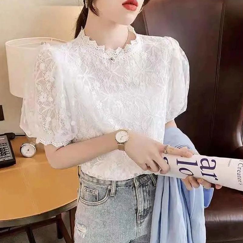 레이스 블라우스 벌룬 노카라 여성용 카디건 시스루 반팔 퍼프 스킨형 핀턱 프릴넥 화이트 M - 상세 이미지 4