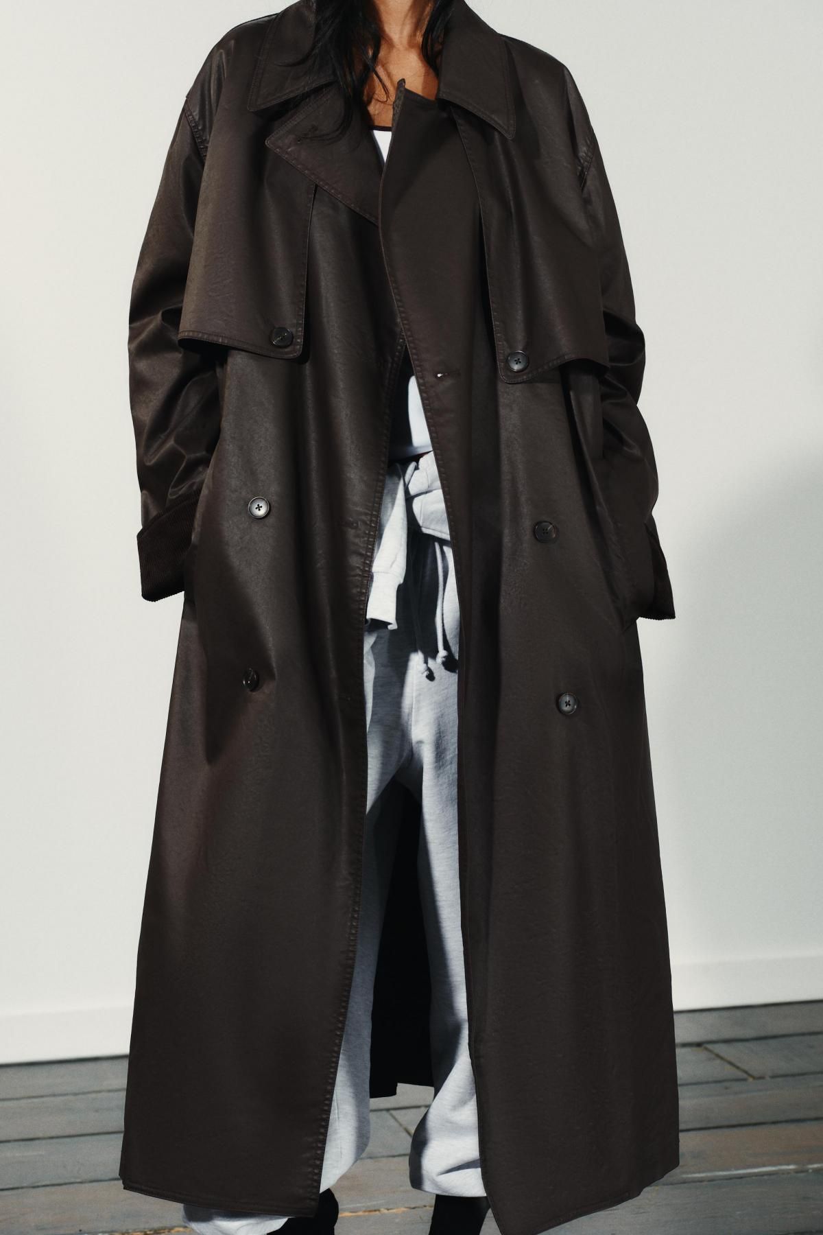 자라 테크니컬 왁스드 코듀로이 커프스 롱 트렌치코트 5854/728 DARK BROWN 이미지 6